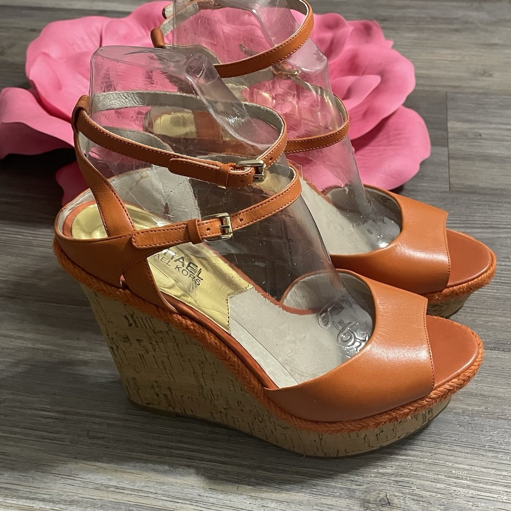 MICHAEL Michael Kors Sz‎ 8M Orange Axton Sandals Cork Wedge Espadrille Strappy